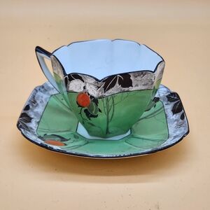 Queen Anne Sharp Green Damson Plum Tea Cup & Saucer - Art Deco 1920s - 1930s